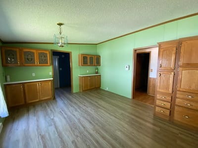 Interior view of a green room with wooden cabinets