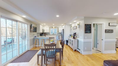 Bright dining area with a view of the outdoors