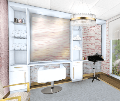 Interior salon space with decor and amenities