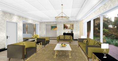Bright common area with comfortable seating and outdoor view