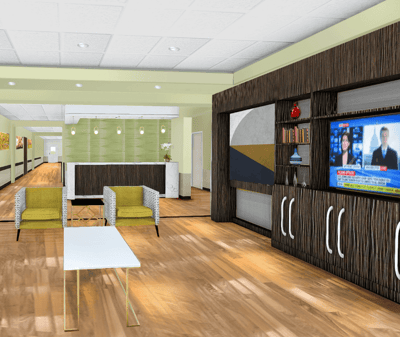 Interior common area with seating and TV