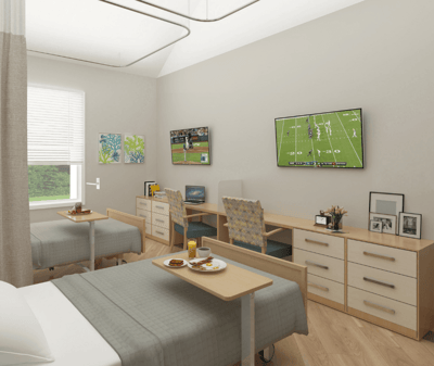 Brightly decorated resident room with meals prepared