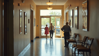 Residents and staff walking in a bright hallway