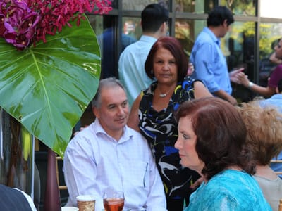 Residents socializing outside at a facility event