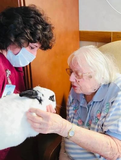Resident interacting with a caregiver and a rabbit