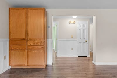 Interior view of a room with wooden cabinets