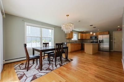 Bright interior common area with dining table