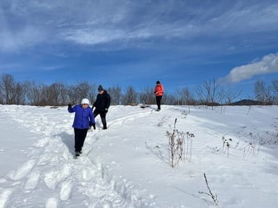 Individuals walking in a snowy outdoor area.