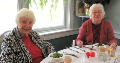 Two women enjoying lunch at a dining table.