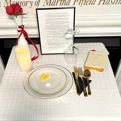 Table setting with a plate, candle, and Bible.