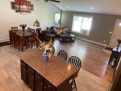 Interior view of a spacious common area with dining table