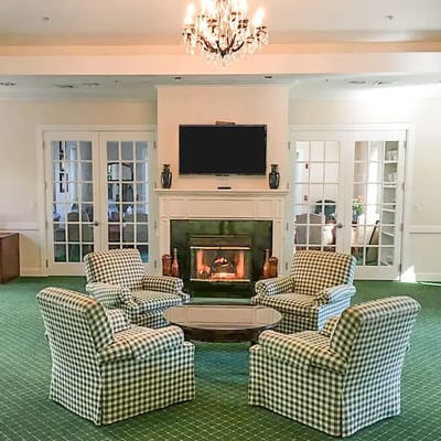 Cozy common area with fireplace and seating