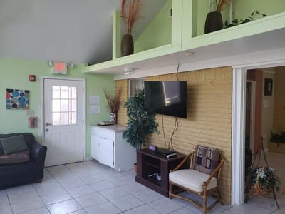 Interior view of a common area with seating.