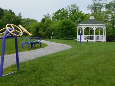 Outdoor exercise area with a gazebo and fitness equipment