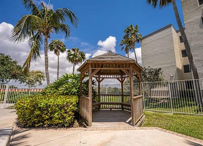 Outdoor gazebo surrounded by palm trees