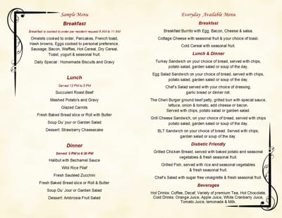 Menu options for meals at the facility