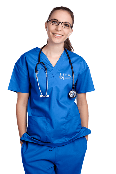 Smiling healthcare professional in blue scrubs