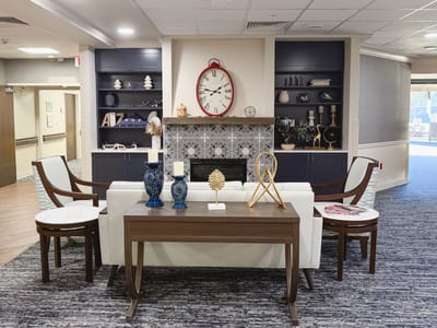 Modern interior common area with furniture and decor.