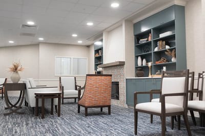 Modern interior of a common area with seating.