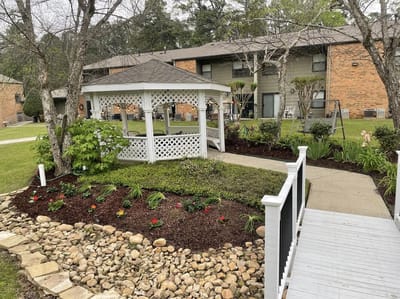 Landscaped garden with gazebo and walkway