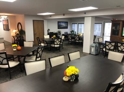 Interior common area with tables and flowers