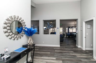 Interior view of a lobby with decor and seating