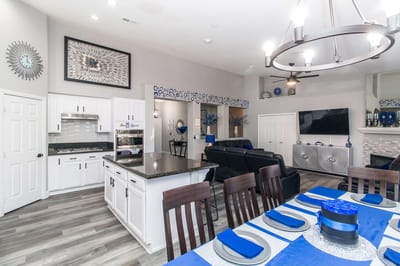 Bright interior of a common area with dining setup