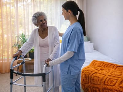 A caregiver assisting a resident in a warm room
