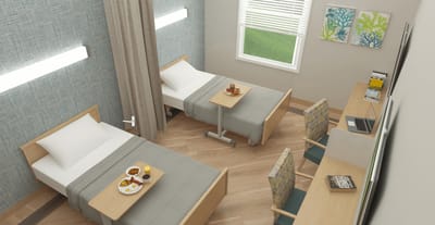 Well-furnished resident room with two beds and meal trays