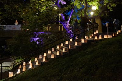 Well-lit outdoor staircase with luminaries at night
