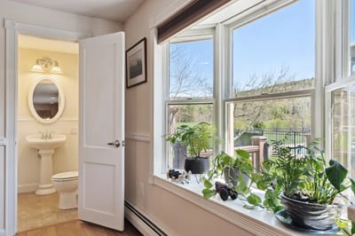 Bright interior space with plants and a bathroom