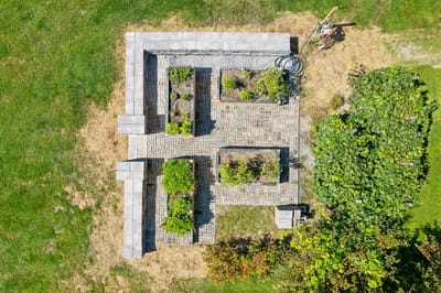 Aerial view of garden beds in an outdoor space.