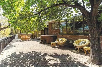 Outdoor seating area with trees and garden.