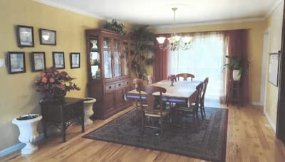 Dining room with wooden furniture and decor