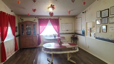 Bright interior with tables and decorations.