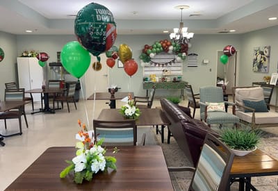 Decorative common area with balloons and flowers