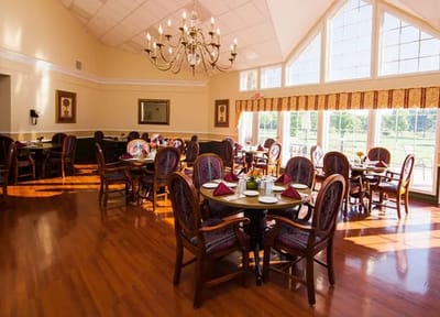 Bright dining room with elegant decor and ample seating