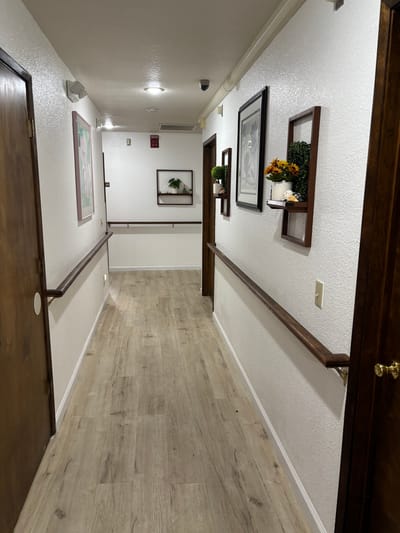 Brightly lit corridor in a senior care facility