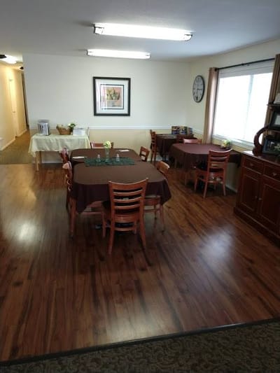 Dining area with tables and chairs in a common space