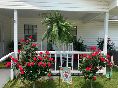 Outdoor area with flowers and seating on a porch