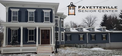 Logo and exterior view of Fayetteville Senior Center