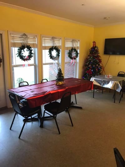 Decorated communal area with holiday theme