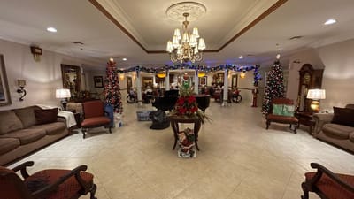 Decorated common area during holiday festivities