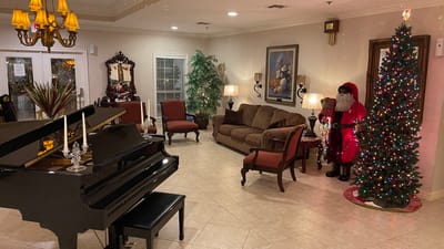 Warm and inviting common area decorated for the holidays
