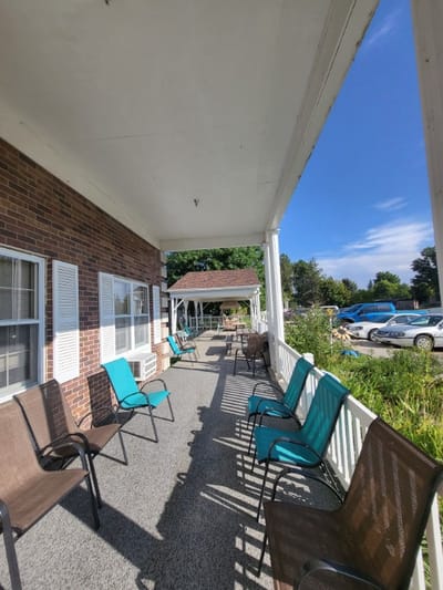 Outdoor seating area on a bright day