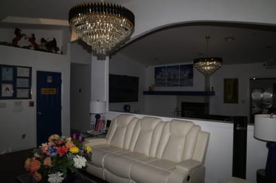 Interior view of a lounge area with furniture and decor.