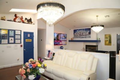 Lounge area with seating and decorations