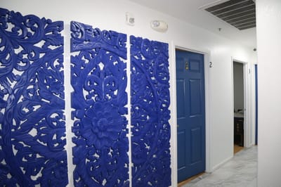 Decorative hallway with blue accents and doors