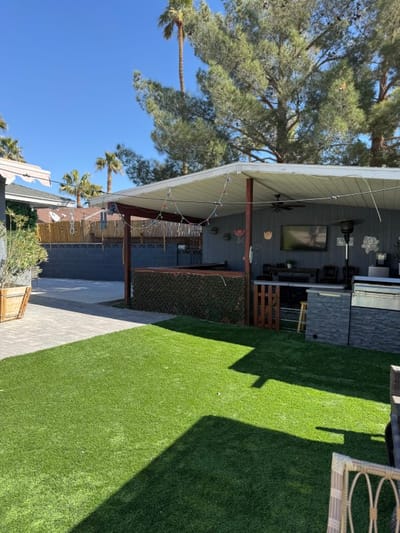 Outdoor leisure space with a shaded seating area