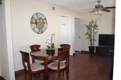 Cozy common area with dining table and plants